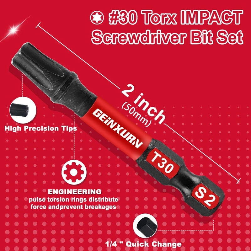 GEINXURN 10Pieces 2 In. T30 Impact Tough Magnetic Screwdriver Bit Set, #30 Torx Head Power Bits, S2 Alloy Steel Star Bits with Storage M-Box - Image 4